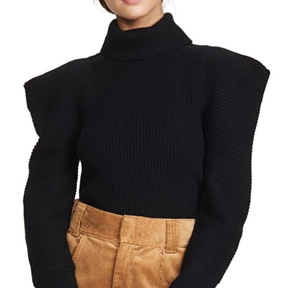 A.L.C. Maura Sweater Statement Puff Shoulder Black Ribbed Turtleneck Cashmere XS - Picture 2 of 13
